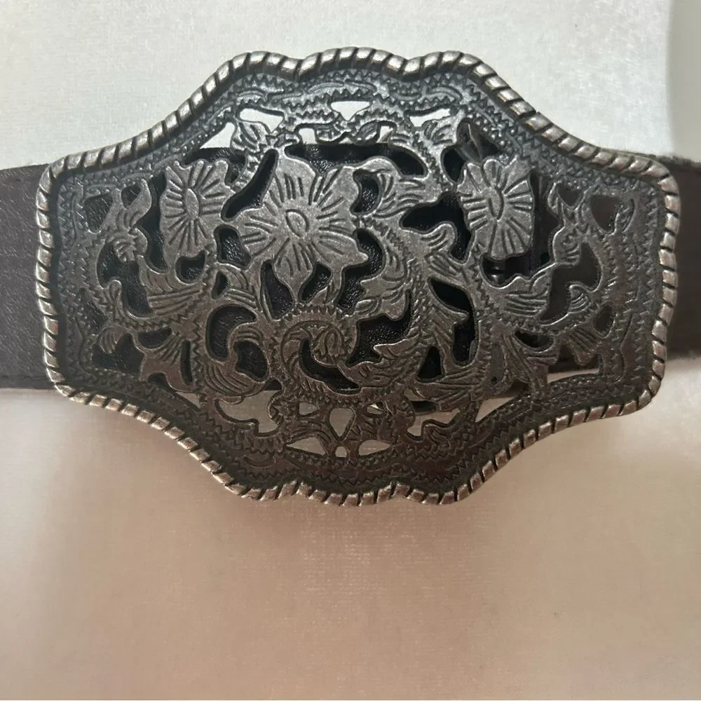 Women’s Brown Southwestern Silver Buckle Statement Belt Festival Size 39 inches
